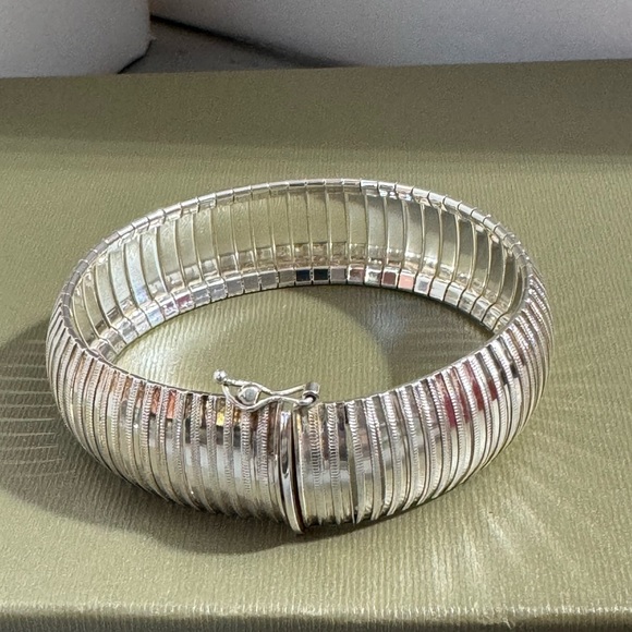 925 Sterling Silver Italy Dual Texture Wide Band Bracelet 7”